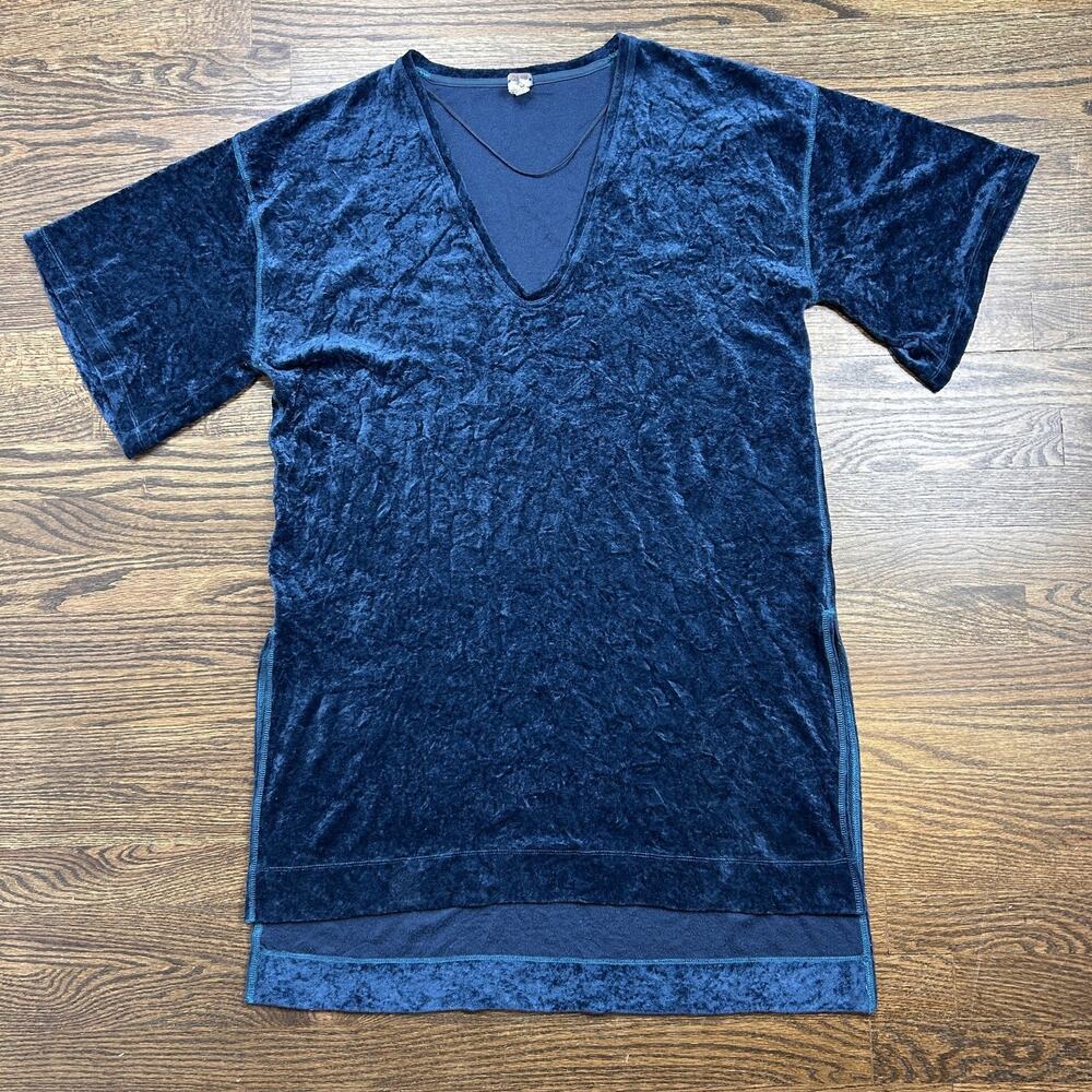 We The Free Shirt Womens XS Blue Velvet V Neck‎ Tunic Top Short Sleeve Oversized